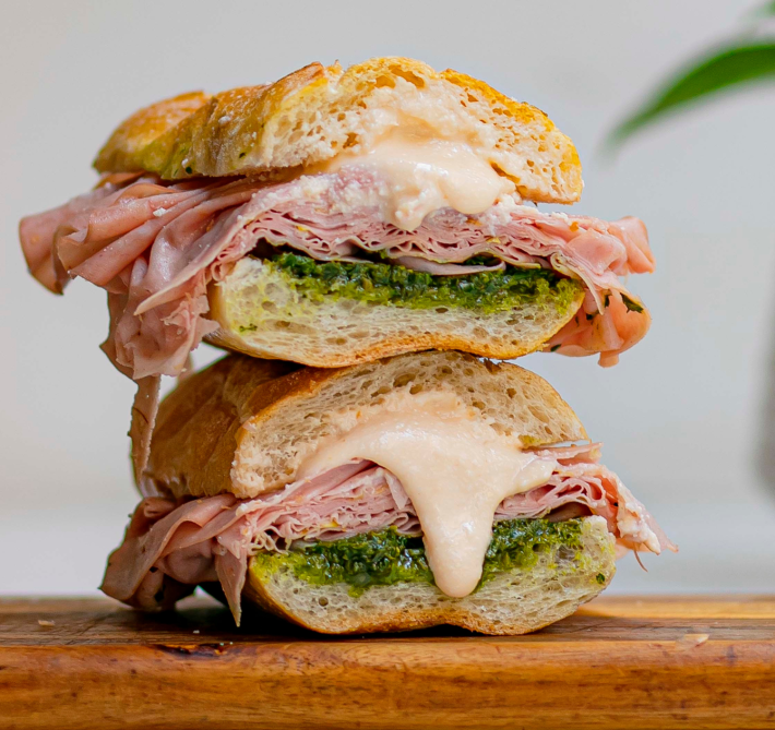 Mortadella sandwich with pesto