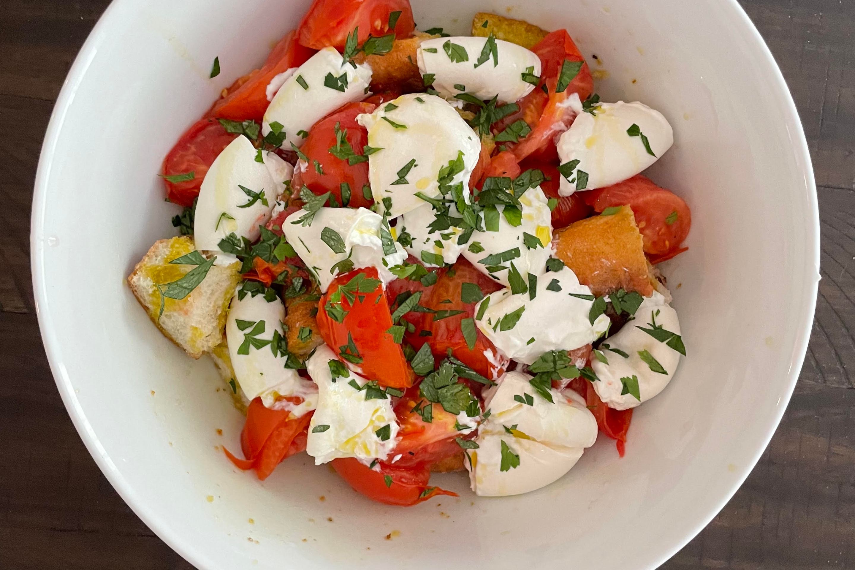 Panzanella salad with burrata and roasted tomatoes