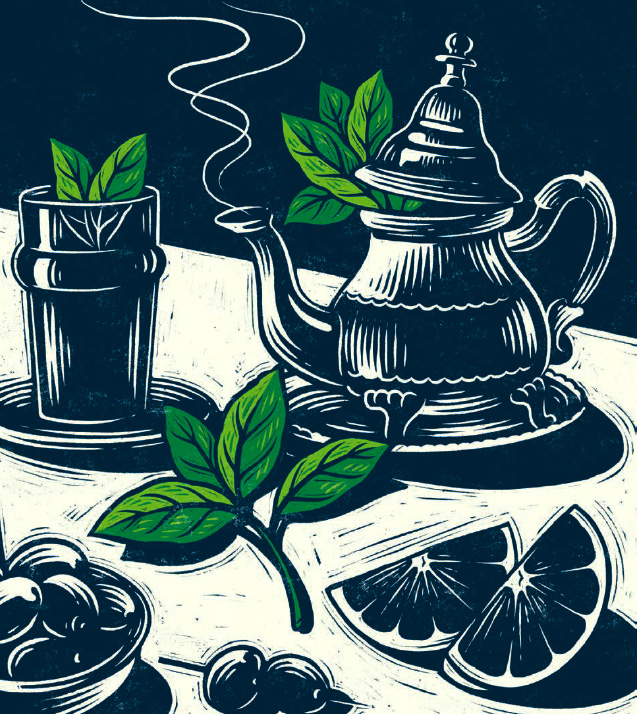 illustration featuring teapot, glass, herbal leaves, orange slices