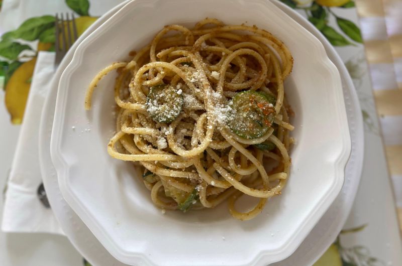 Spaghetti with Zucchini, Zucchini Flowers and Breadcrumbs