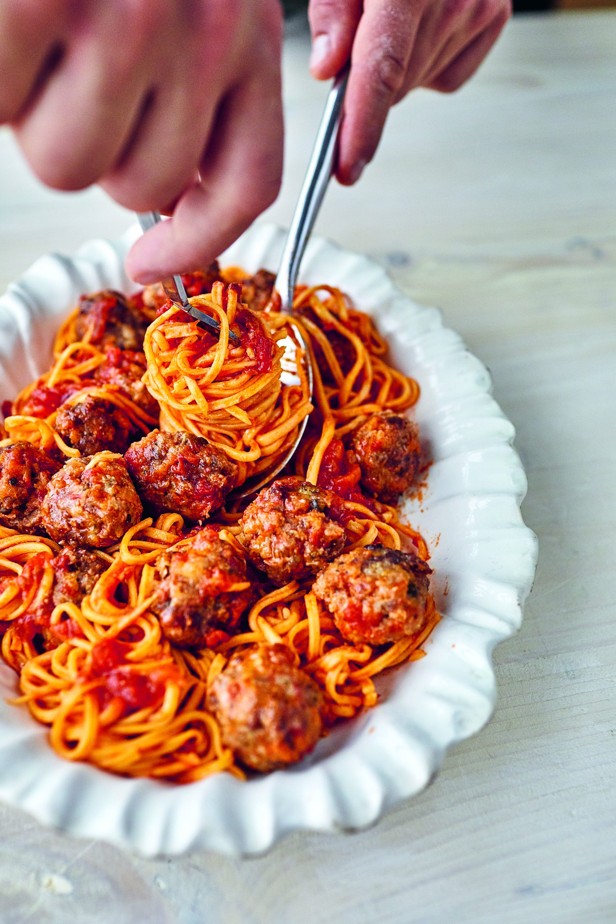 Chitarra with Slow-Cooked Tomato Sauce and Meatballs