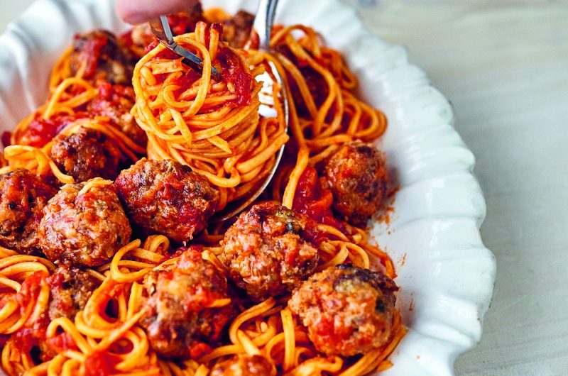 Chitarra with Slow-Cooked Tomato Sauce and Meatballs