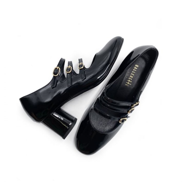 Black patent leather Mary Jane shoes with three straps and high heel