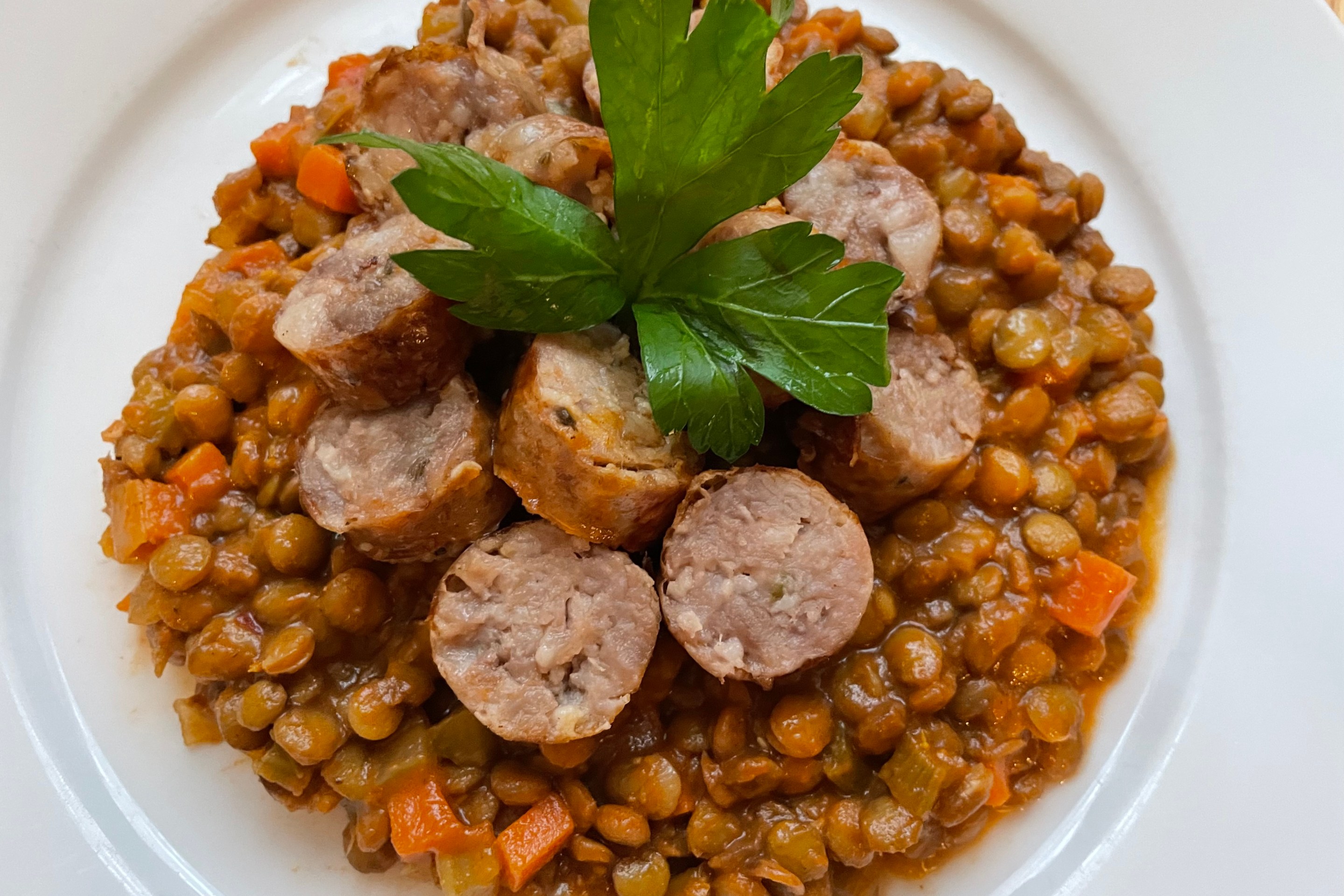 Lentils with sausage.