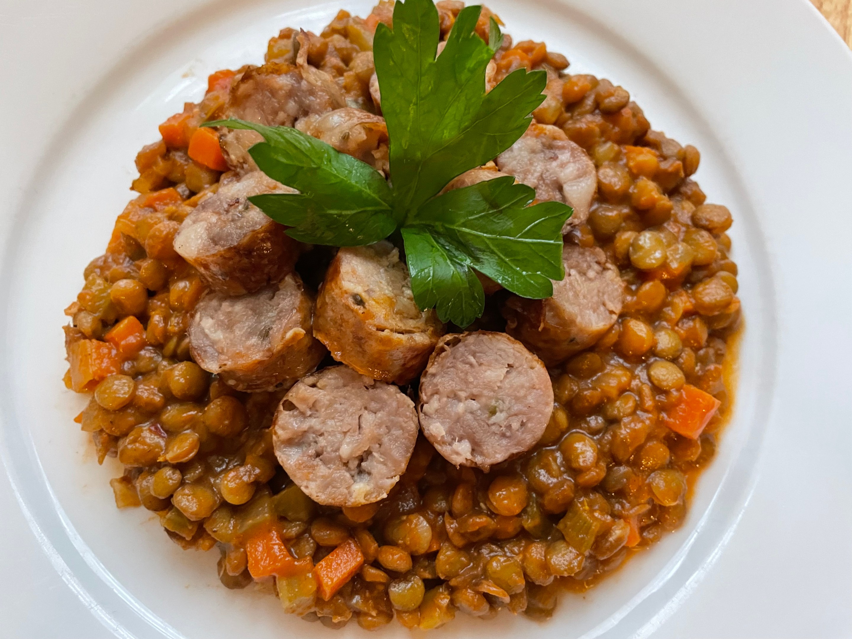 Lentils with sausage.