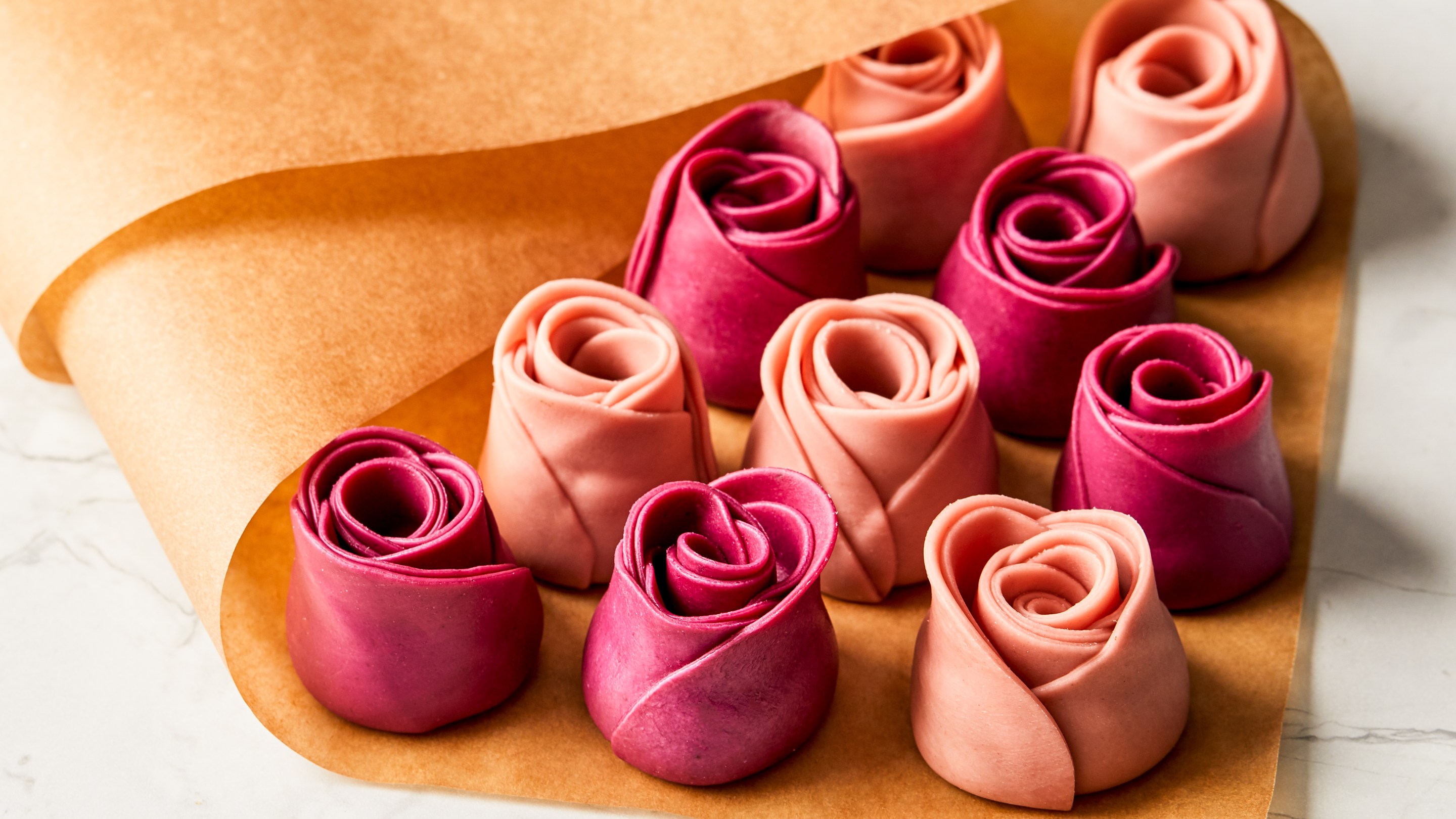 Rose-shaped ravioli on butcher paper