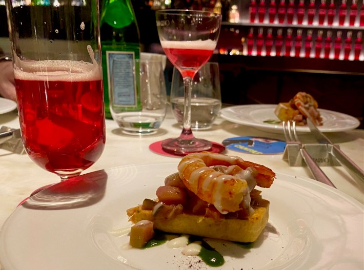 Shrimp on Brioche with pickled peaches at Camparino in Galleria in Milan.