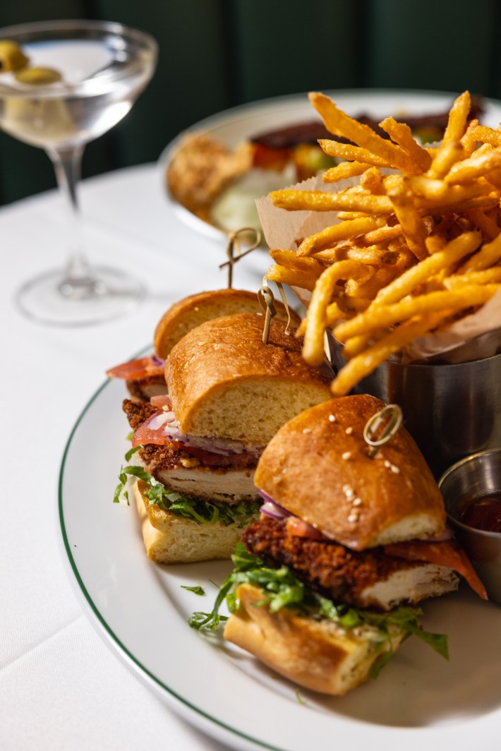 American Bar sandwich, fries, martini.