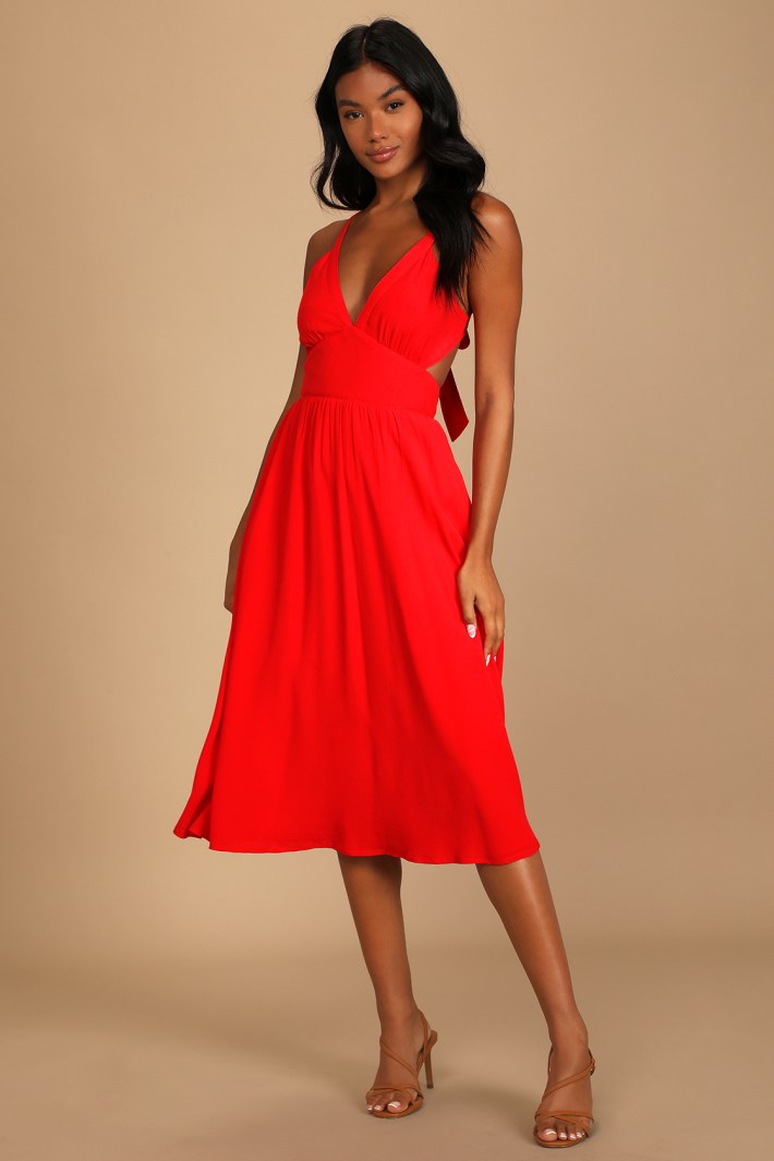 Lulus Bold New Look Bright Red Tie-Back Midi Dress With Pockets