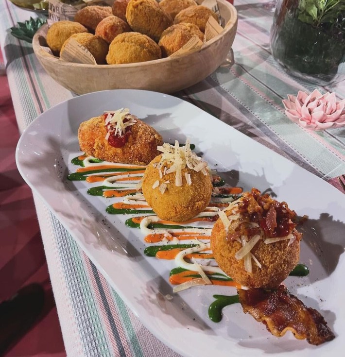 Gian Piero Fava's Supplì Trio (Traditional, Cacio e Pepe, and Amatriciana).Photo courtesy of Michela Fabretti.