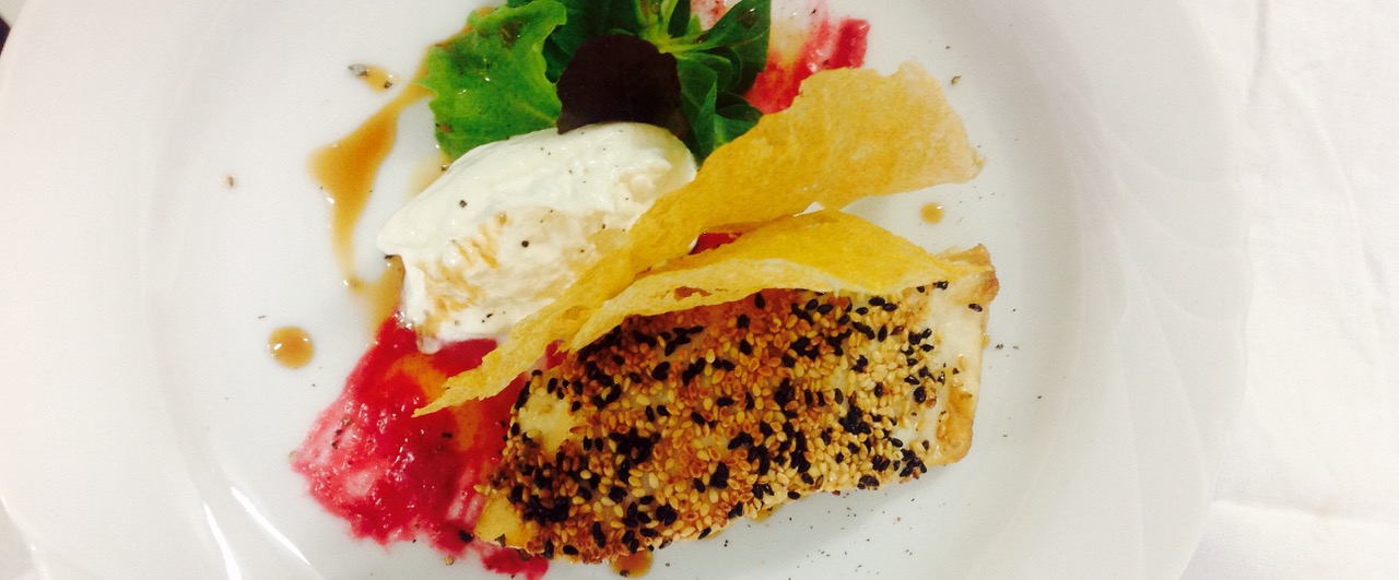 Branzino Crusted in Sesame Seeds with Stracciatella and Teriyaki Sauce. Photo courtesy of Francesca Marsetti.