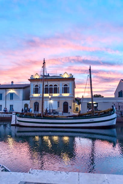 Port of Cesenatico, Italy, at sunset.