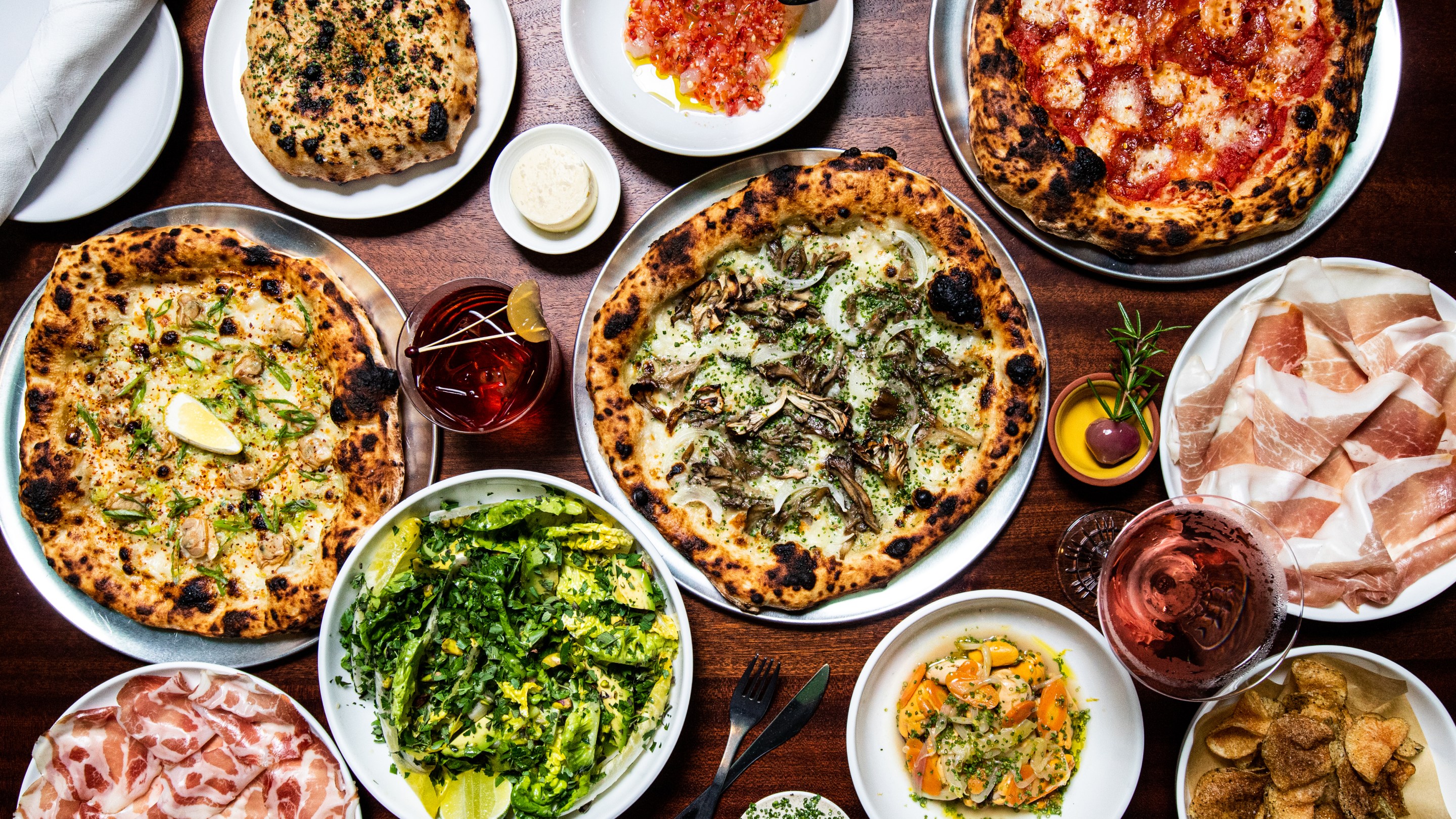 pizzas, salads, charcuterie