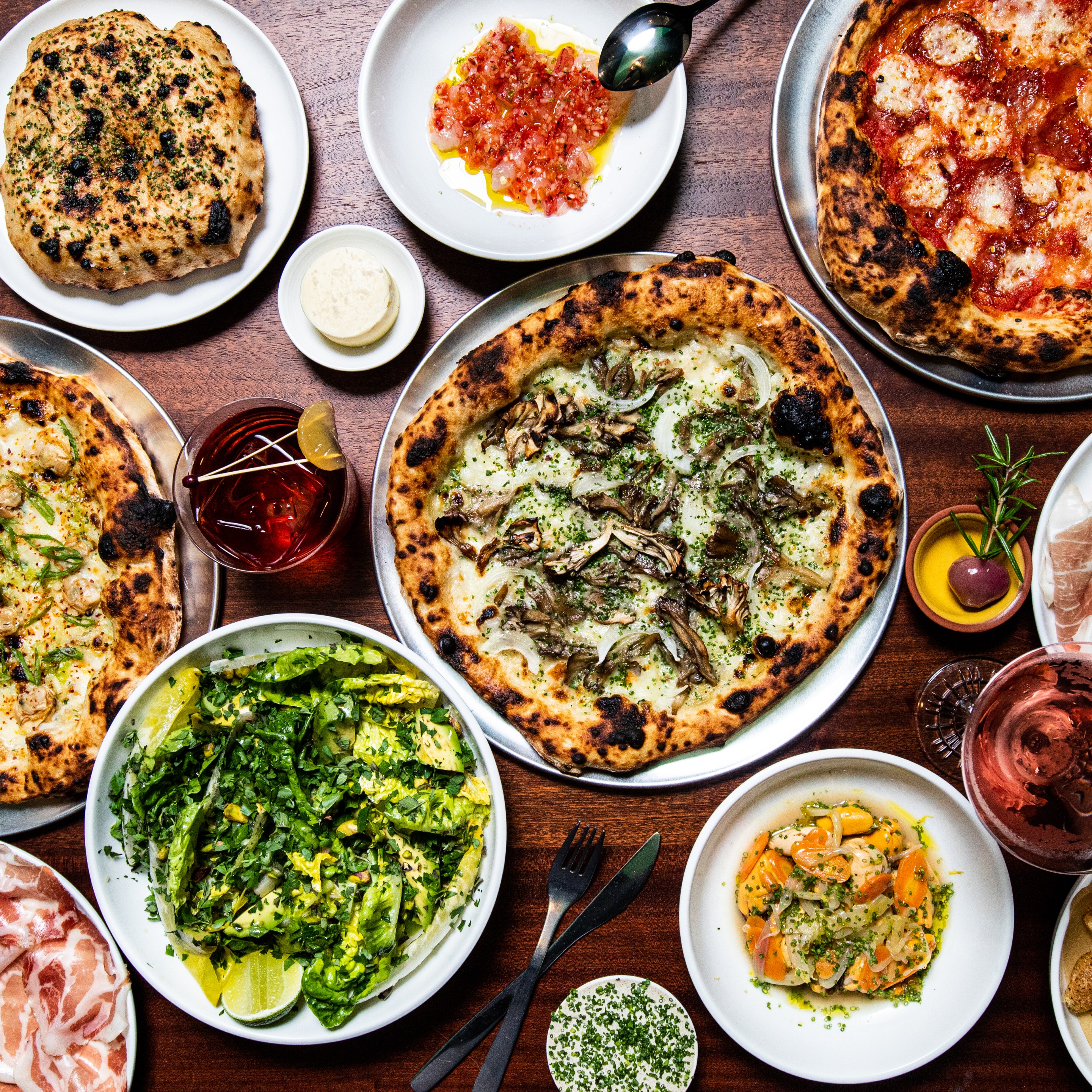 pizzas, salads, charcuterie