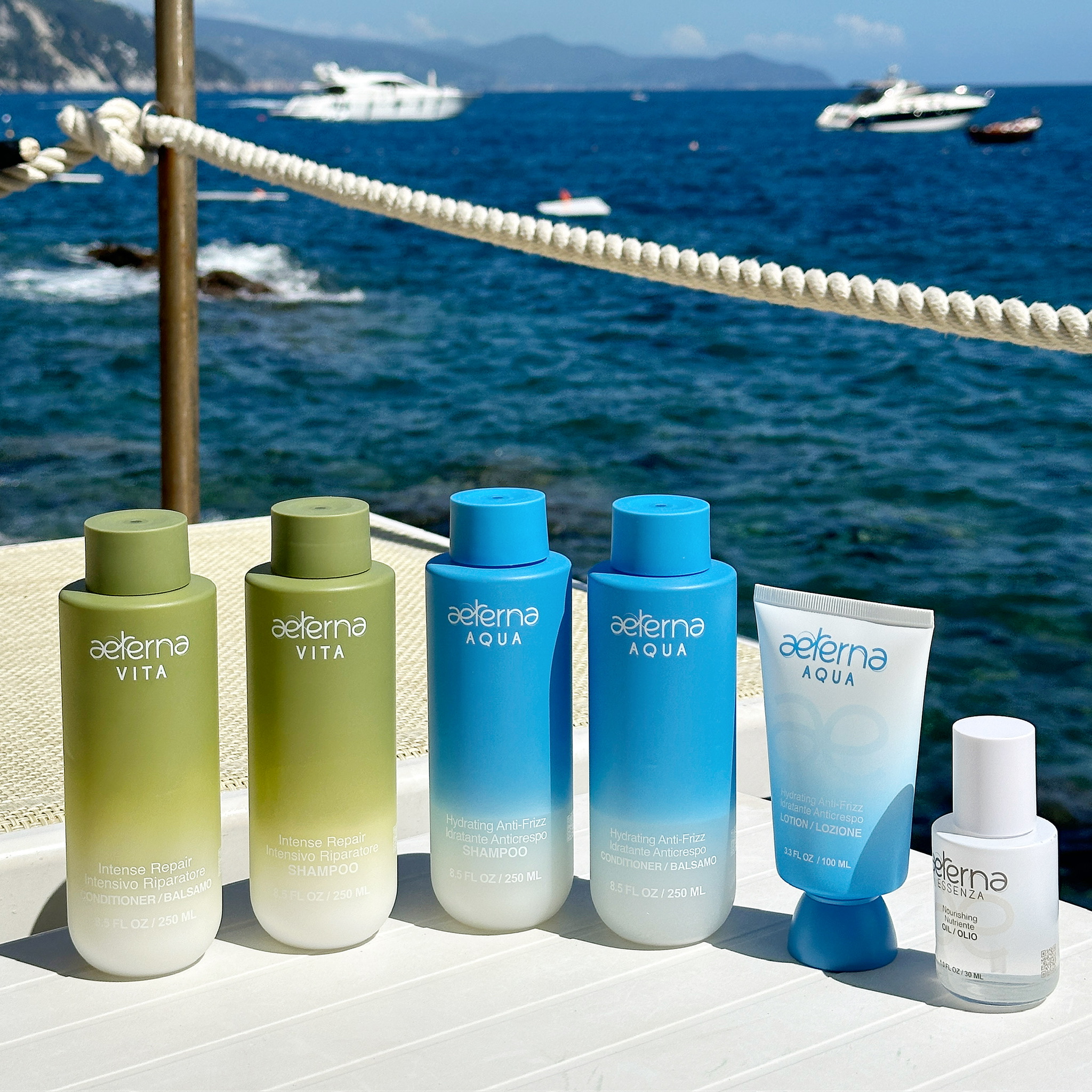 Aeterna's haircare products in front of the sea.