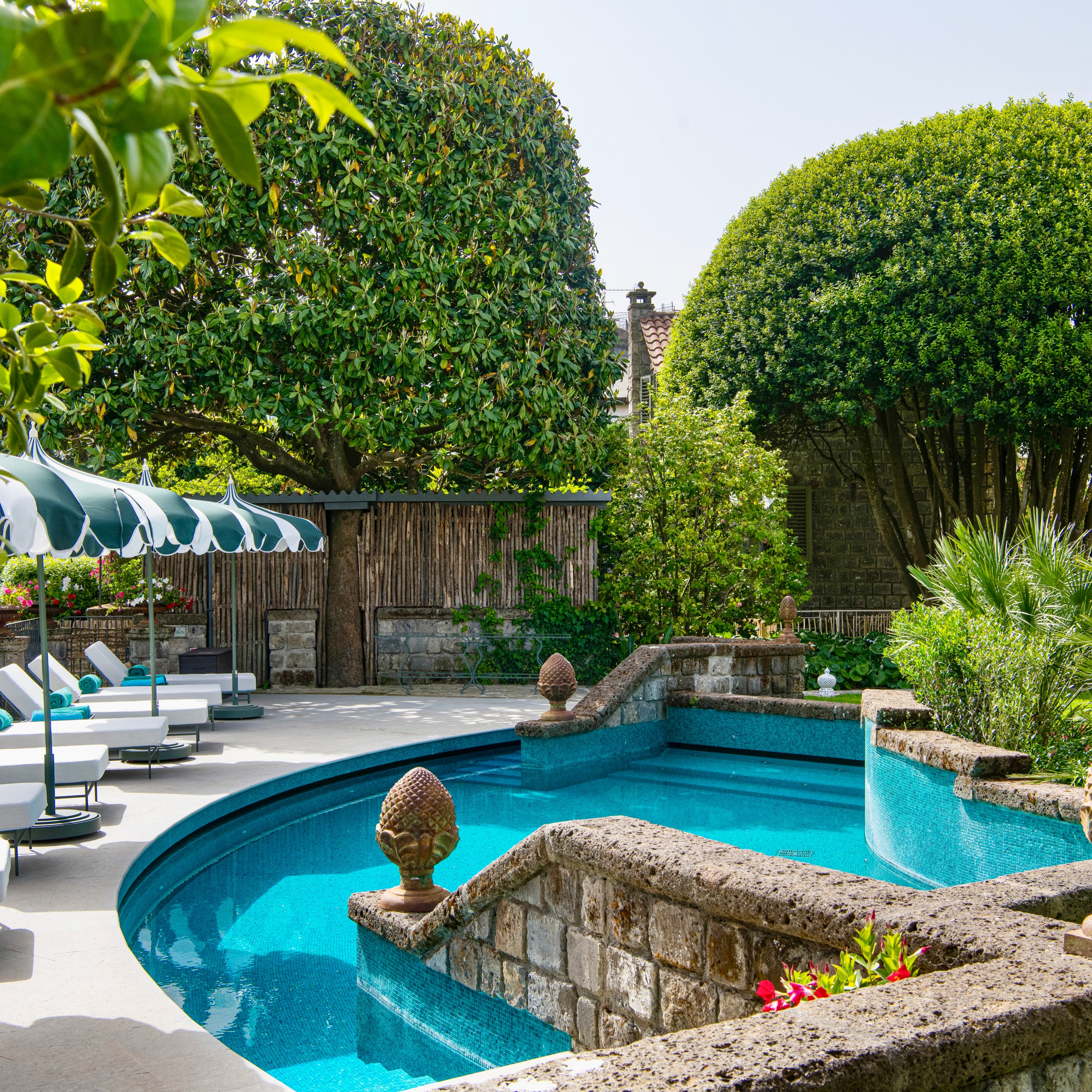 The pool and lounging area on the property of Restaurant Don Alfonso in Sant'Agata sui due Golfi.