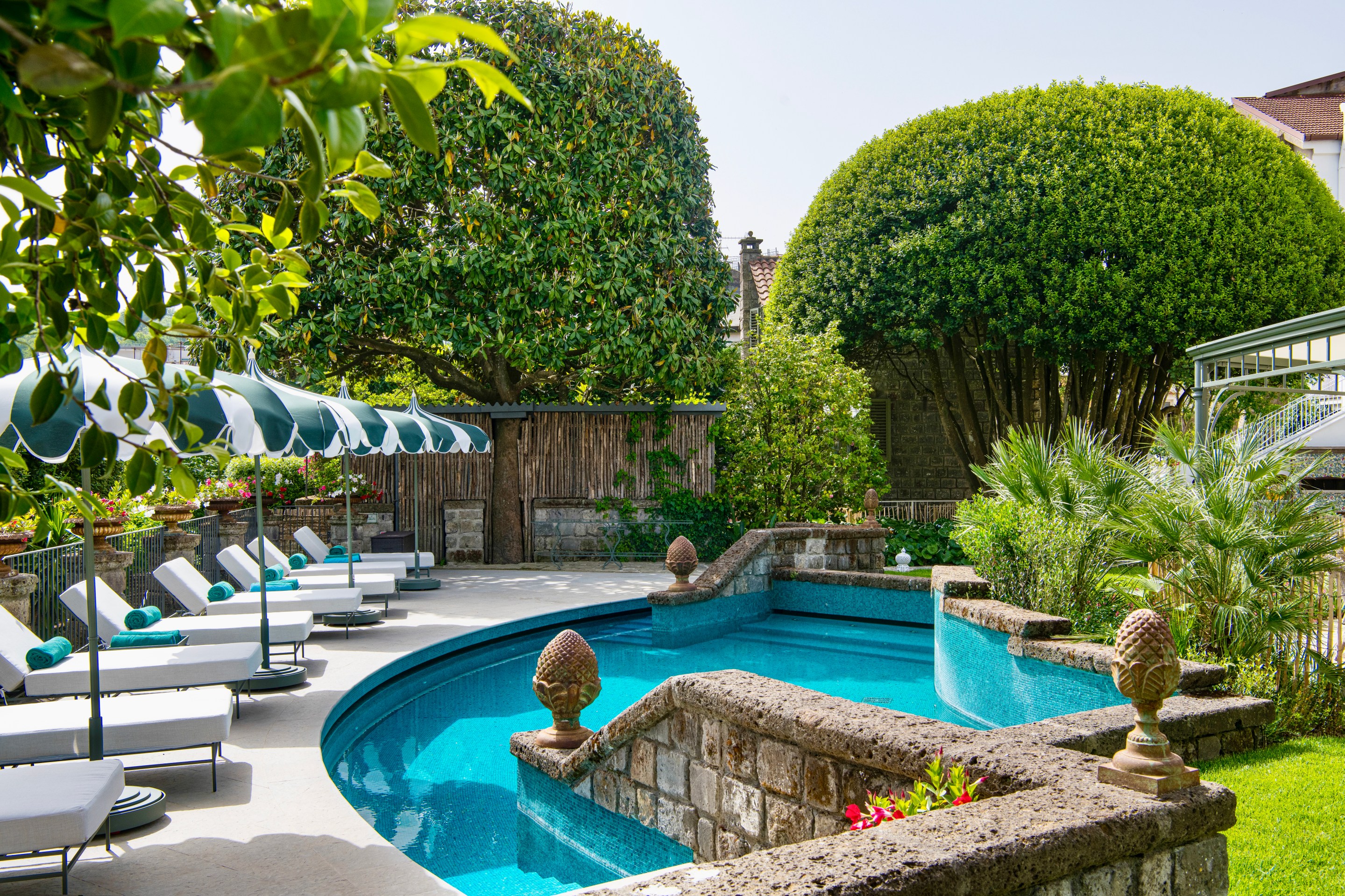 The pool and lounging area on the property of Restaurant Don Alfonso in Sant'Agata sui due Golfi.