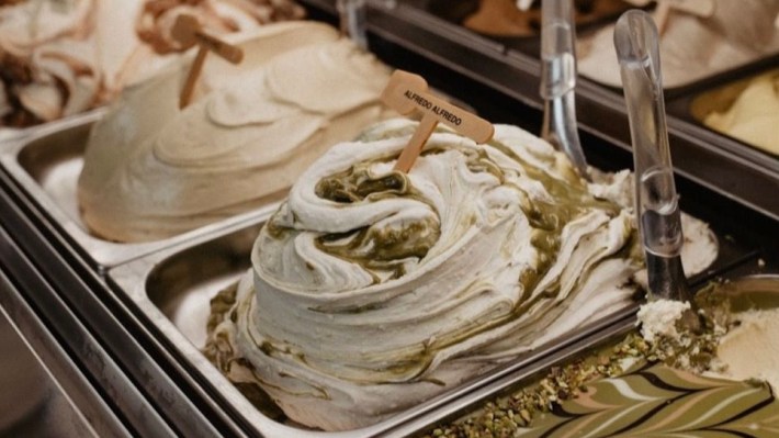 Gelato within a display counter.