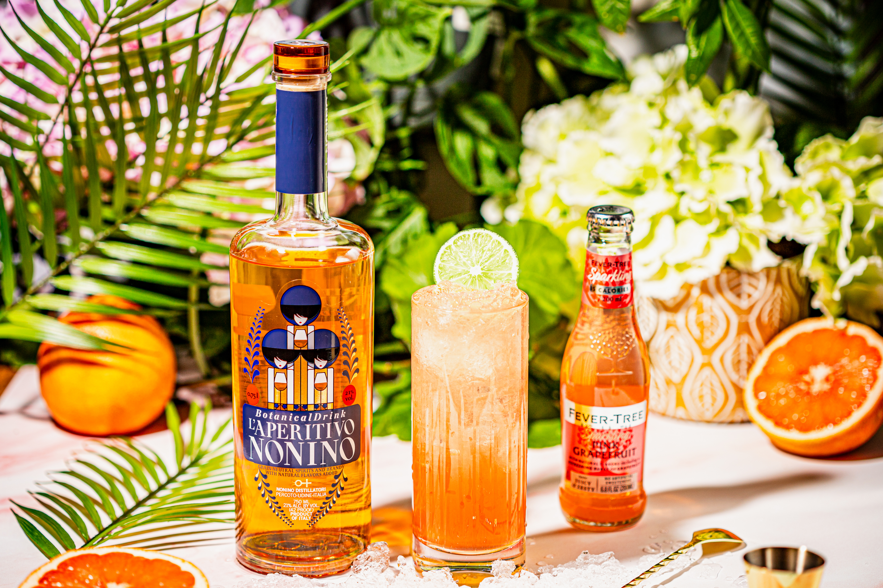 The "West Palm" cocktail combines L'Aperitivo Nonino BotanicalDrink + Fever Tree Sparkling Pink Grapefruit.