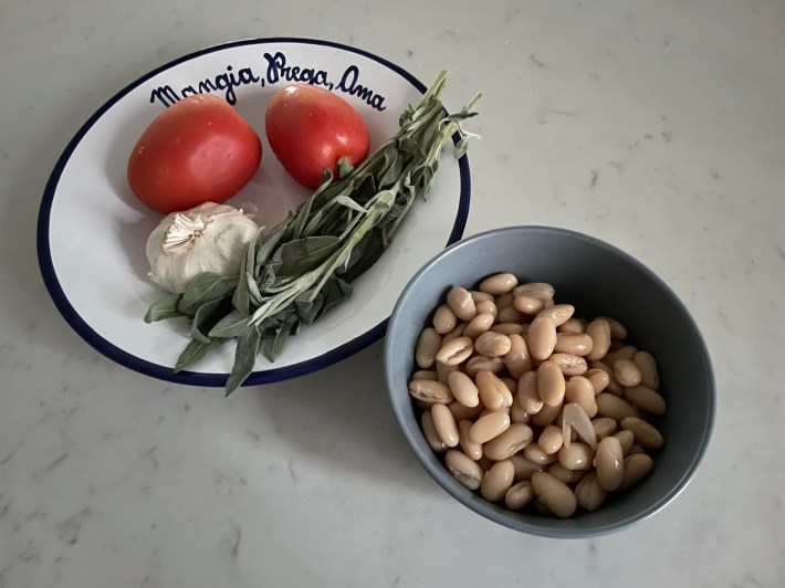 The raw ingredients for Tuscan White Beans.