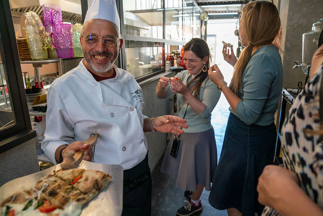 Roman chef Giovanni Terracina doles out some kosher delights to the crew in Rome.