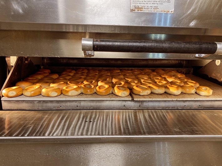 Fresh bagels hot from the oven at Auburn Bagel Company.