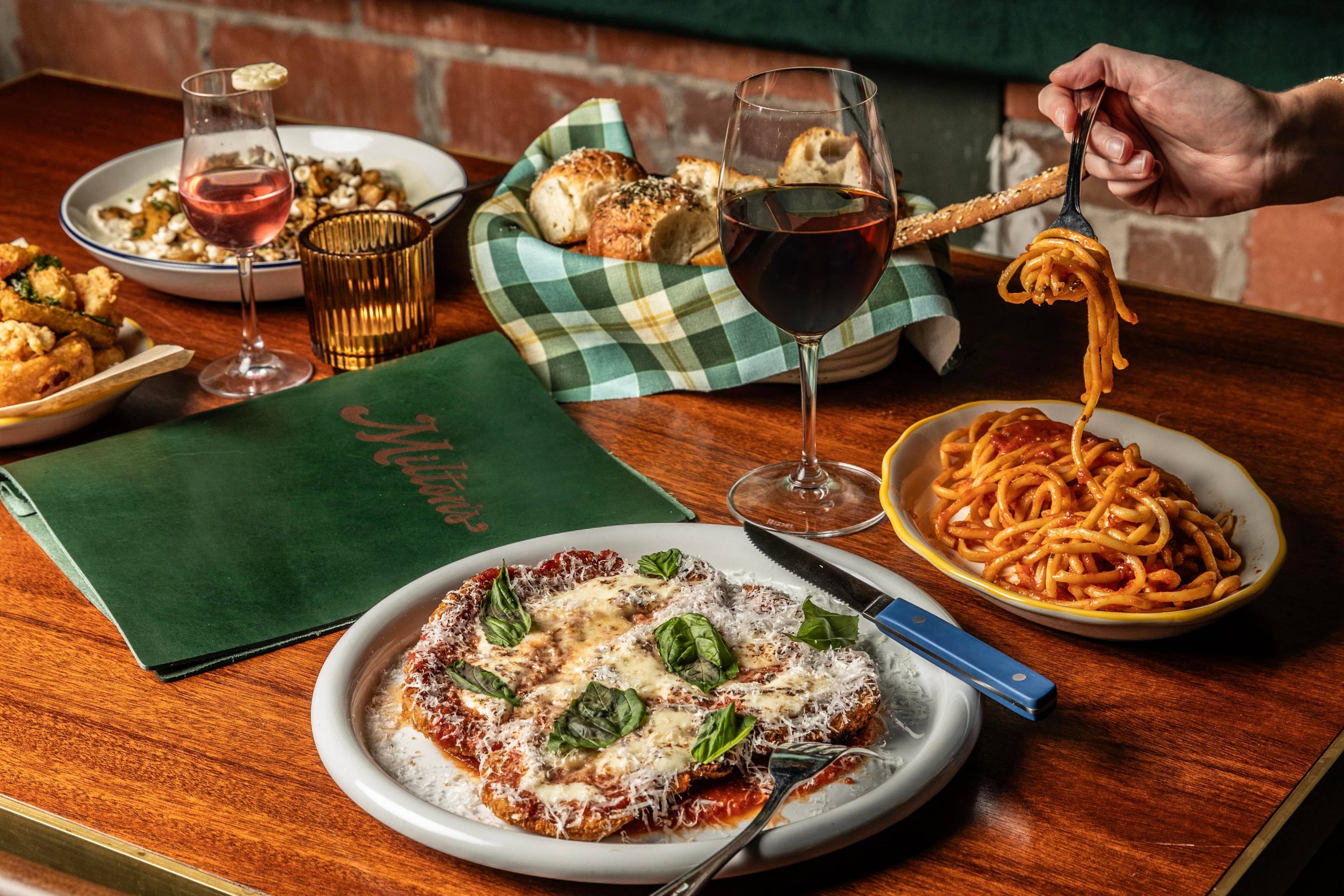 chicken parm, spaghetti, wine