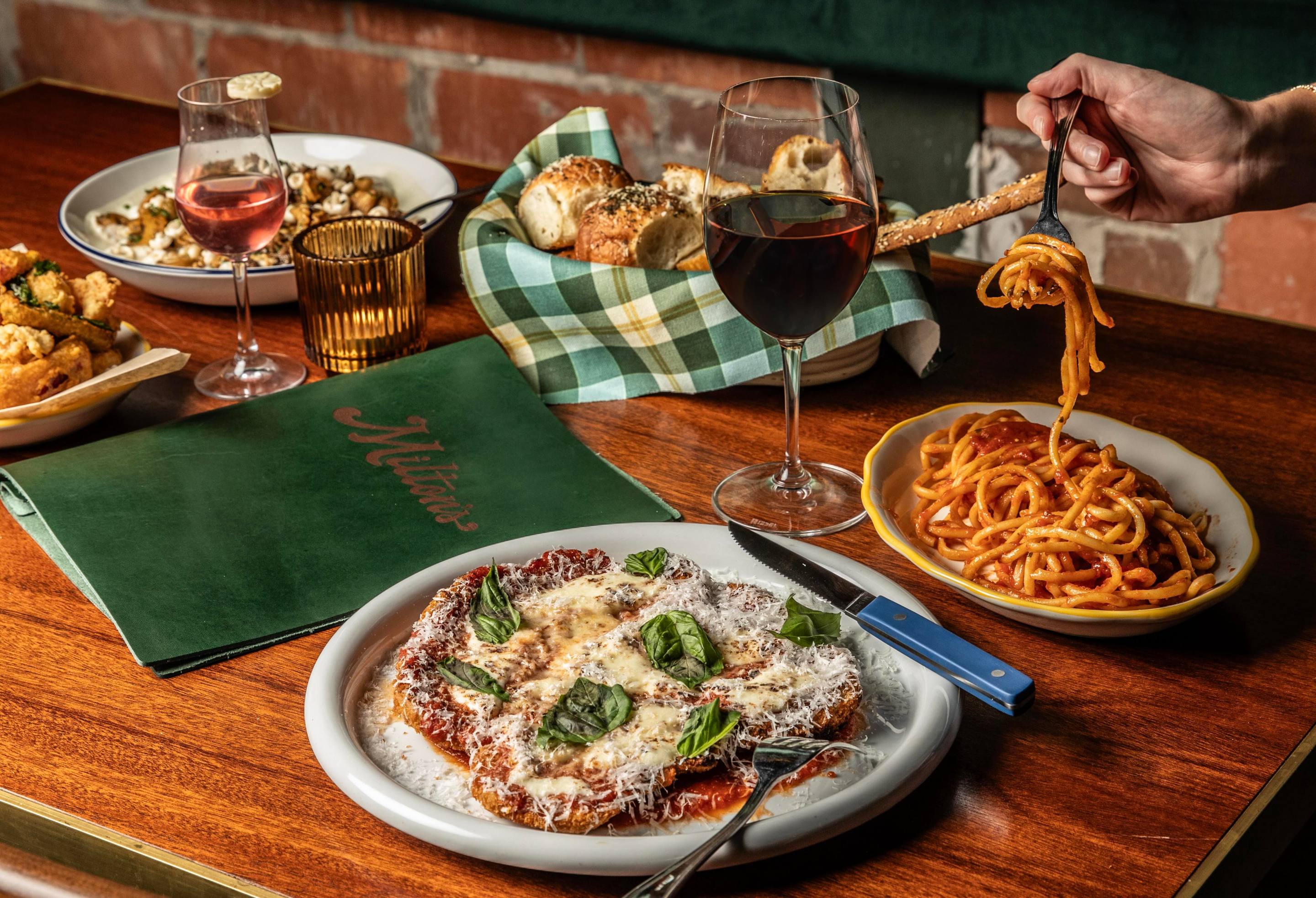 chicken parm, spaghetti, wine