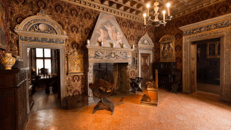 A grand fireplace at Museo Bagatti-Valsecchi. Courtesy of Museo-Bagatti Valsecchi. Photograph by Ruggero Longoni.