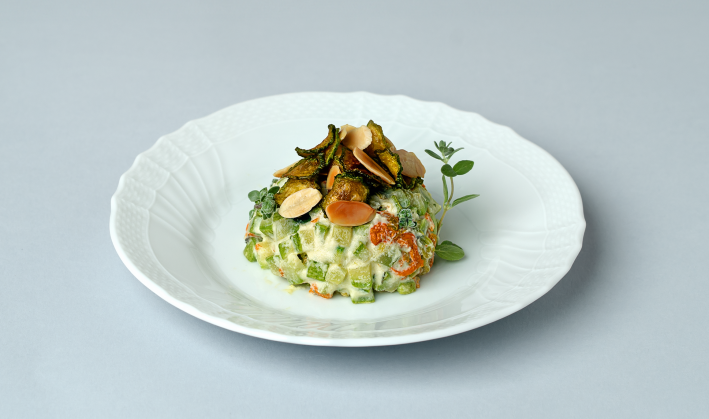 Zucchini Tartare with Almonds and Zucchini Flowers.