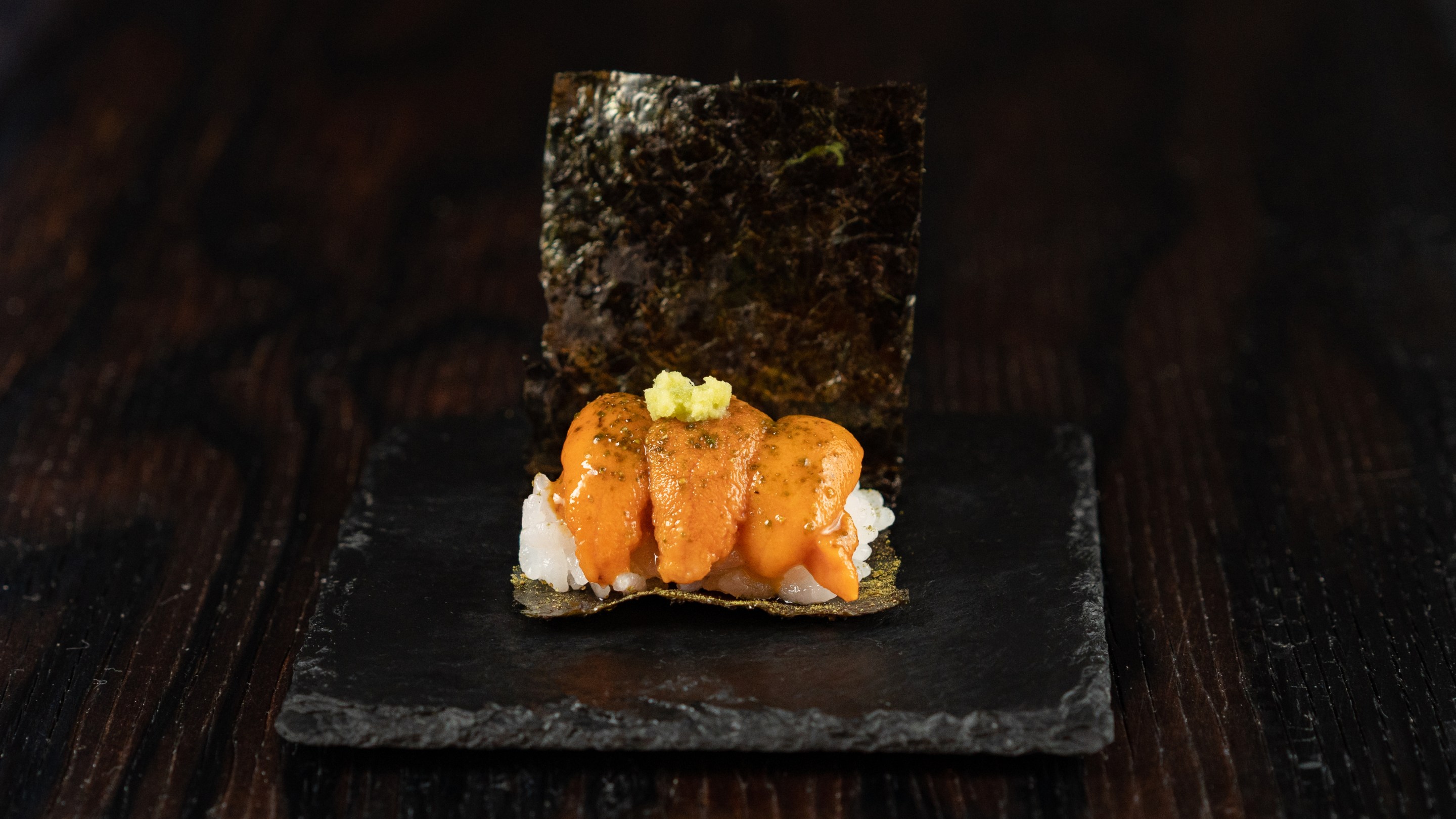 Japanese Sea Urchin with roasted nori, freshly grated wasabi root