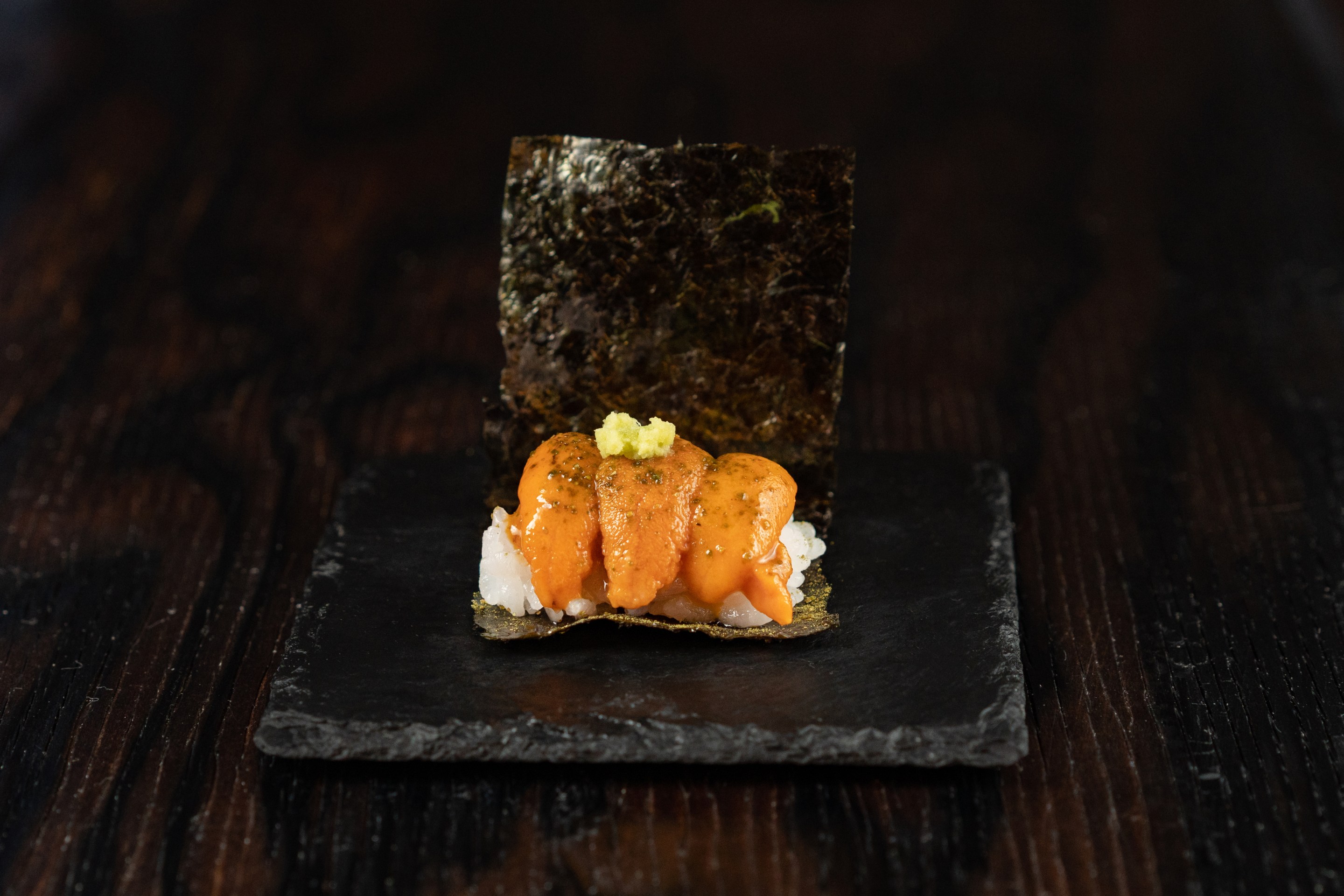 Japanese Sea Urchin with roasted nori, freshly grated wasabi root