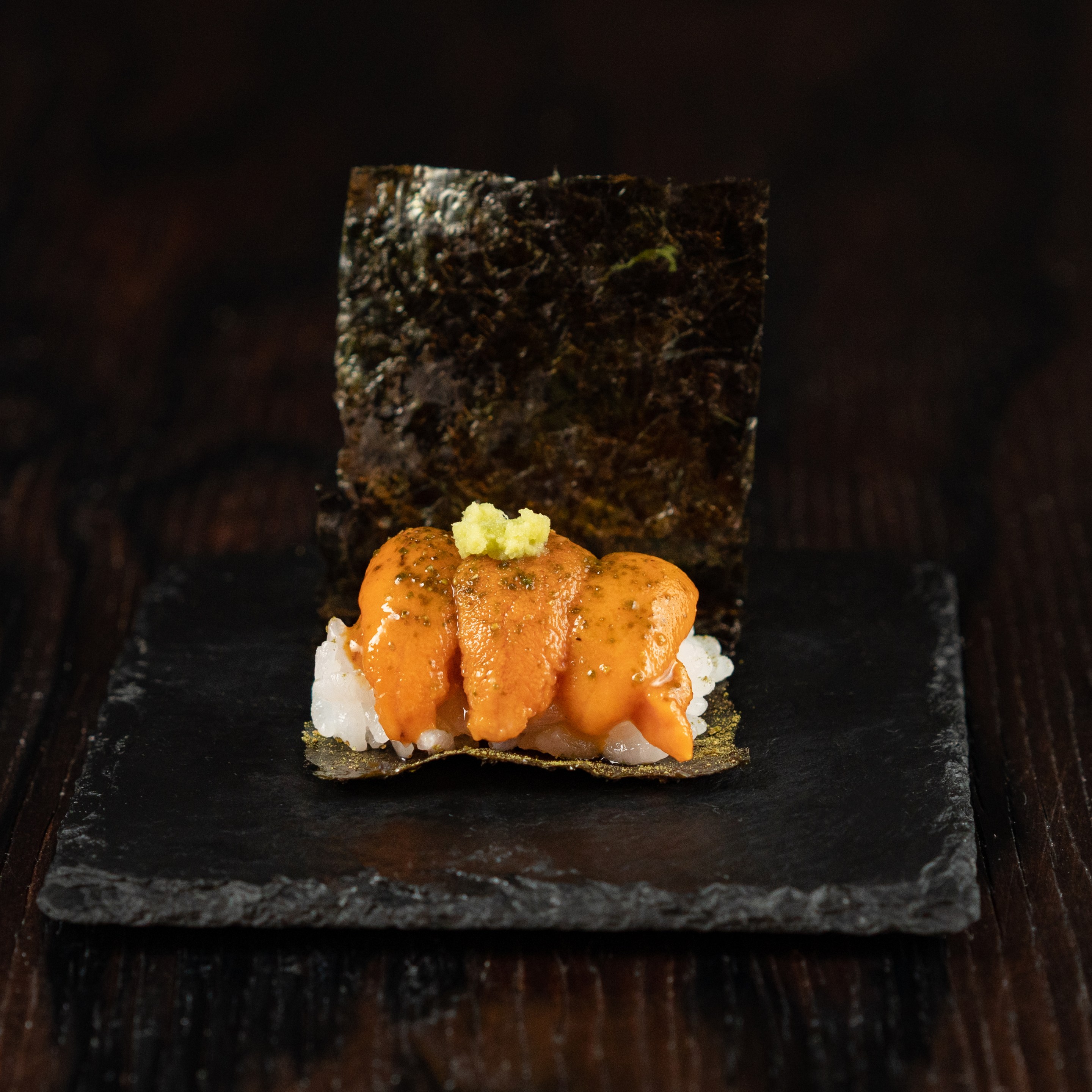 Japanese Sea Urchin with roasted nori, freshly grated wasabi root