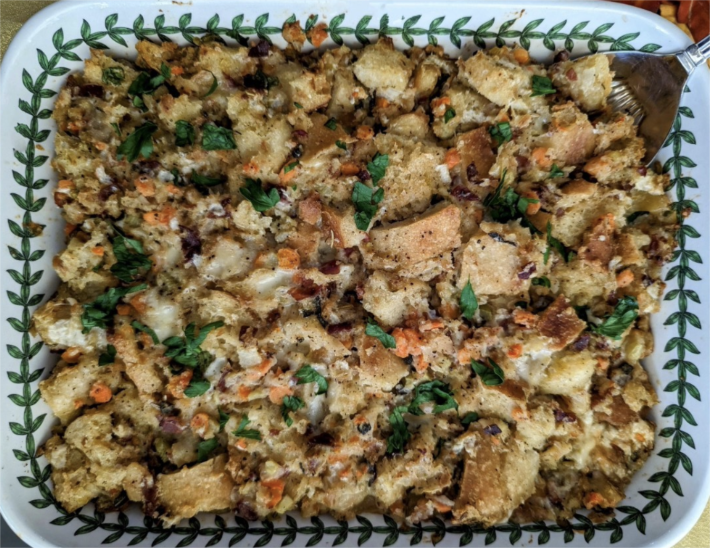 Focaccia Stuffing with Herbs and Sausage.