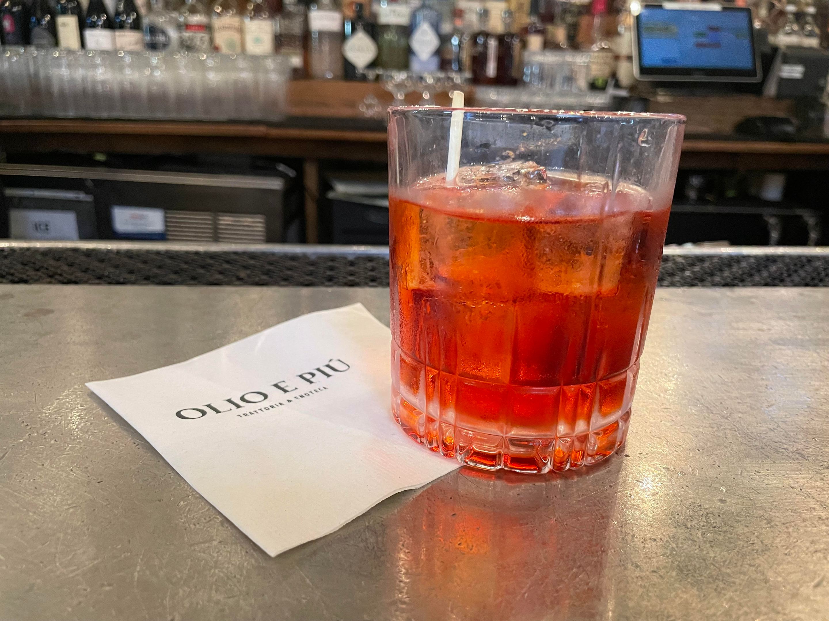 The Autumnal Negroni on the bar at Olio e Più in NYC.