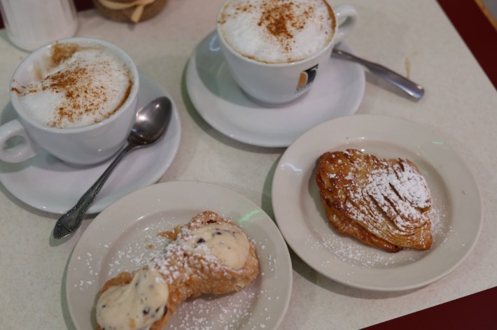 Cannoli, sfogliatelle, and cappuccino at Varallo Bros. Bakery.