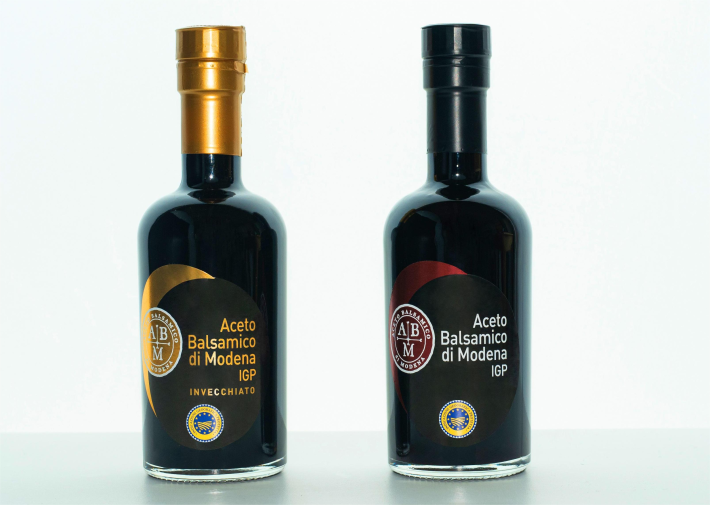 Bottles of Balsamic Vinegar of Modena PGI.