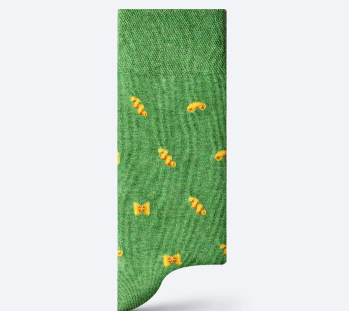 green socks with pasta shapes on them