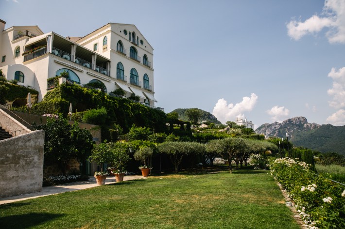 The gardens below the exterior of Hotel Caruso in the Amalfi Coast town of Ravello.