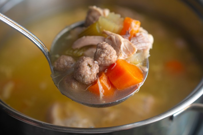 Close up of Chicken Soup with Little Meatballs by Cathy Collucio Fazzolari. Photo by Daniel Paterna.