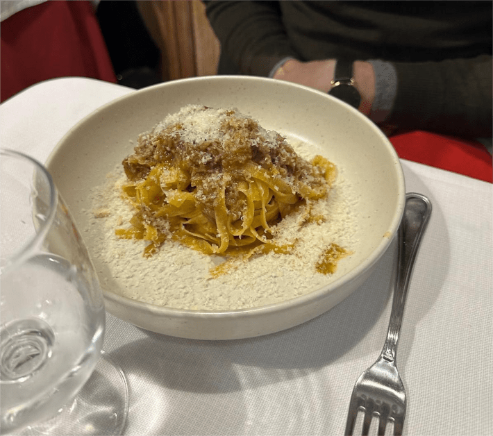 Tagliatelle alla Genovese with Parmigiano di Vacche Rosse.