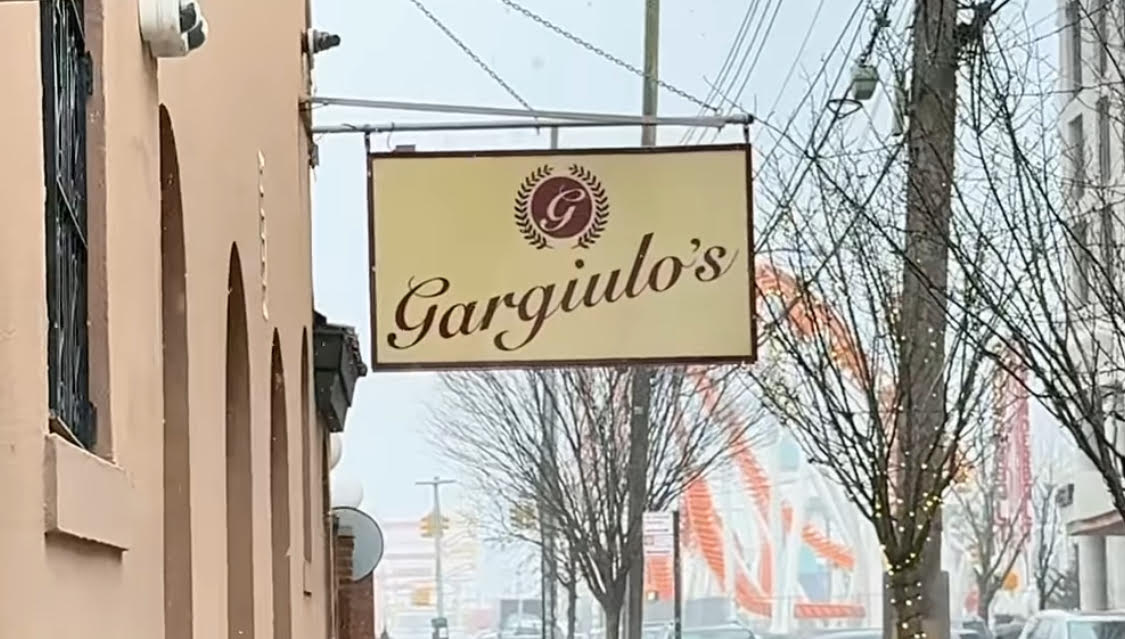 The exterior signage at Gargiulo's Restaurant in Coney Island, Brooklyn.