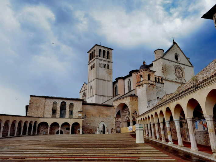 The courtyard of the wonderful double Basilica of St. Francis in Assisi.