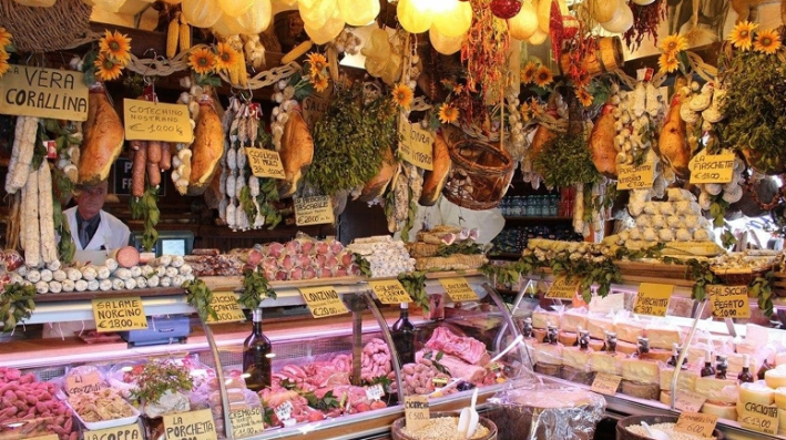 The bounty of typical products found at Norcineria Ansuini in Norcia, Umbria.