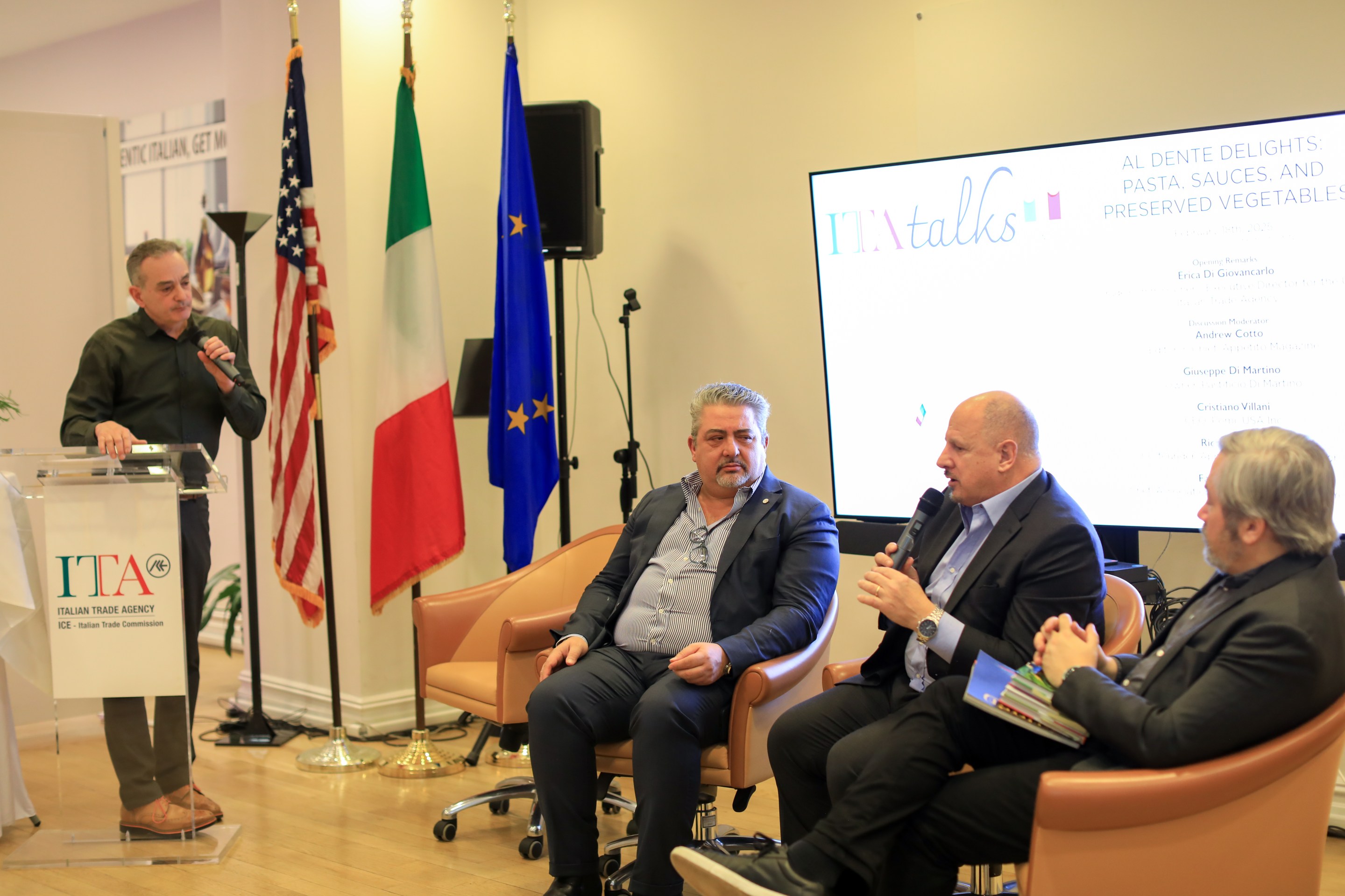 Host, Andrew Cotto (left) and ITA Talks panelists (from left to right): Giuseppi Di Martino, Cristiano Villani, and Richard Martin.