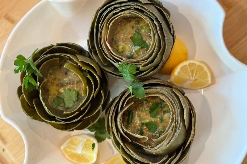 Steamed Artichokes with Mustardy Scallion Vinaigrette