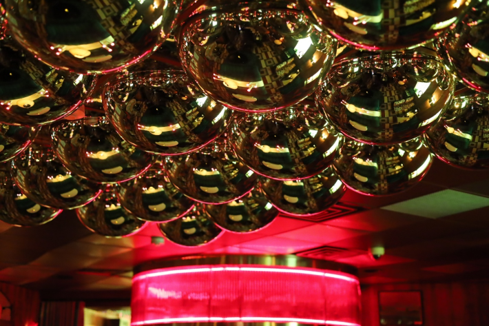 The mirror bulbed ceiling of Angeloni's Club Madrid.