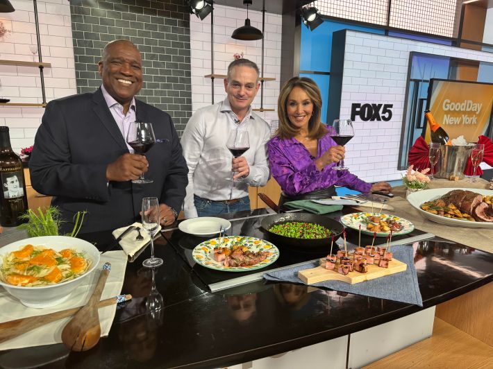 Appetito's Andrew Cotto (center) with the co-hosts of Good Day New York, Curt Menefee (left) and Rosanna Scotto (right).