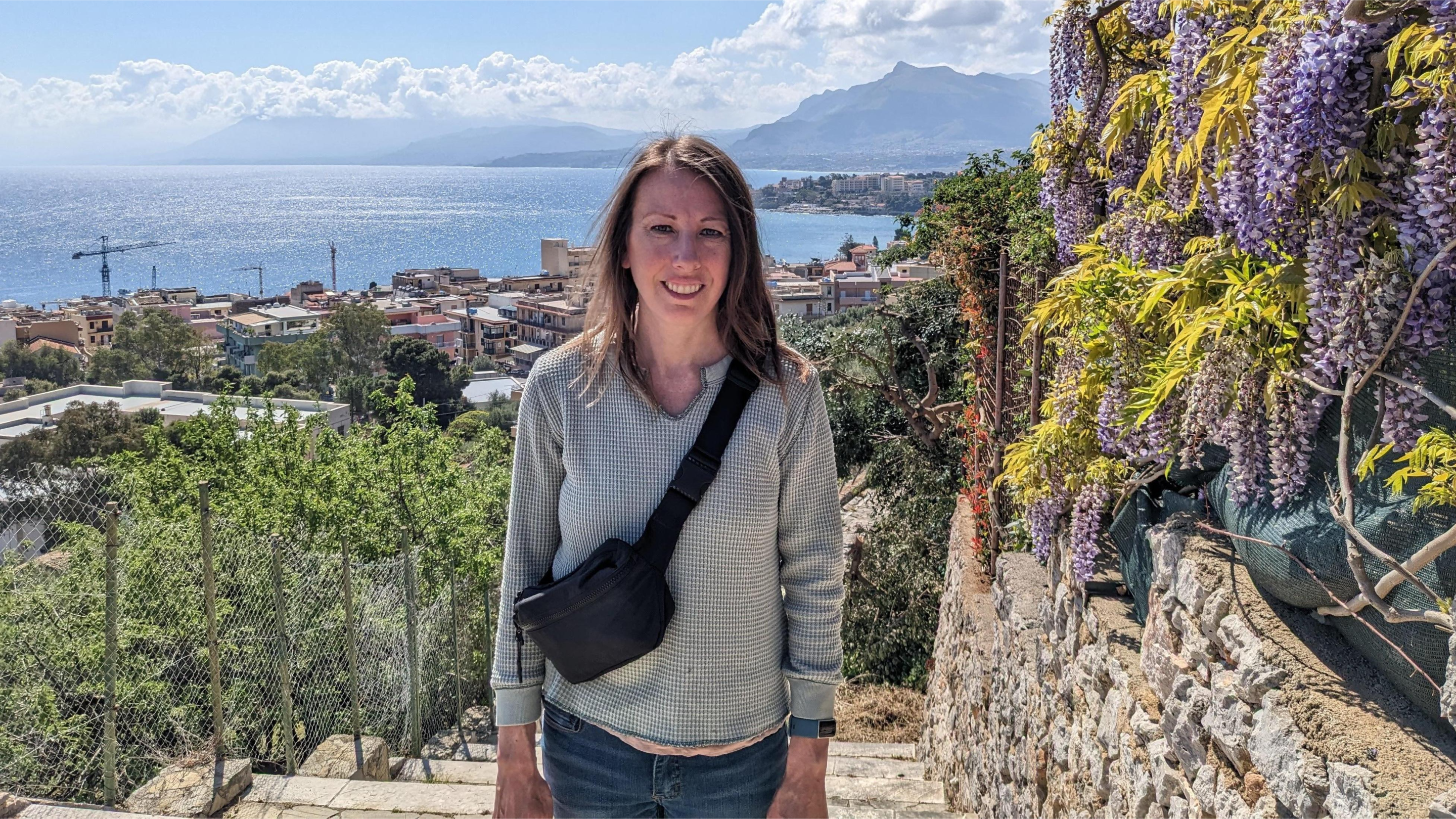 Author Lindsay Marie Morris on Mount Catalfano above Porticello (Sicily).