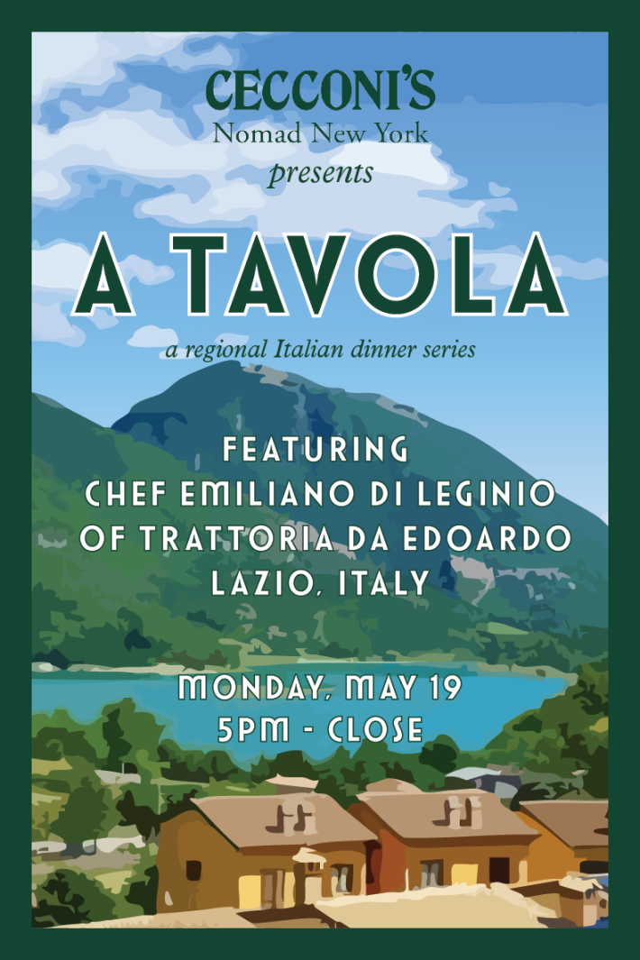 A colorful illustrated poster for Cecconi’s A Tavola dinner series, featuring Lazio’s landscape and event details.